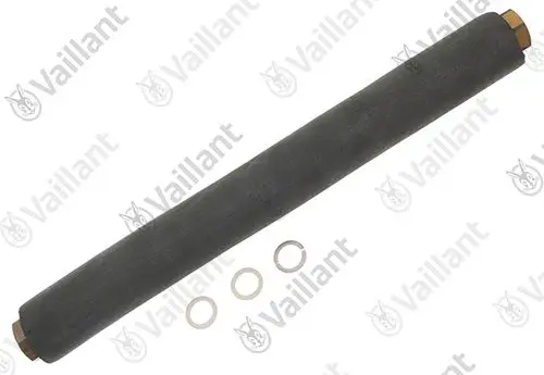 Vaillant Wellrohr in zylindrischer Form, mit einer glatten Oberfläche und zwei Verbindungsteilen, daneben drei Dichtungsringe.